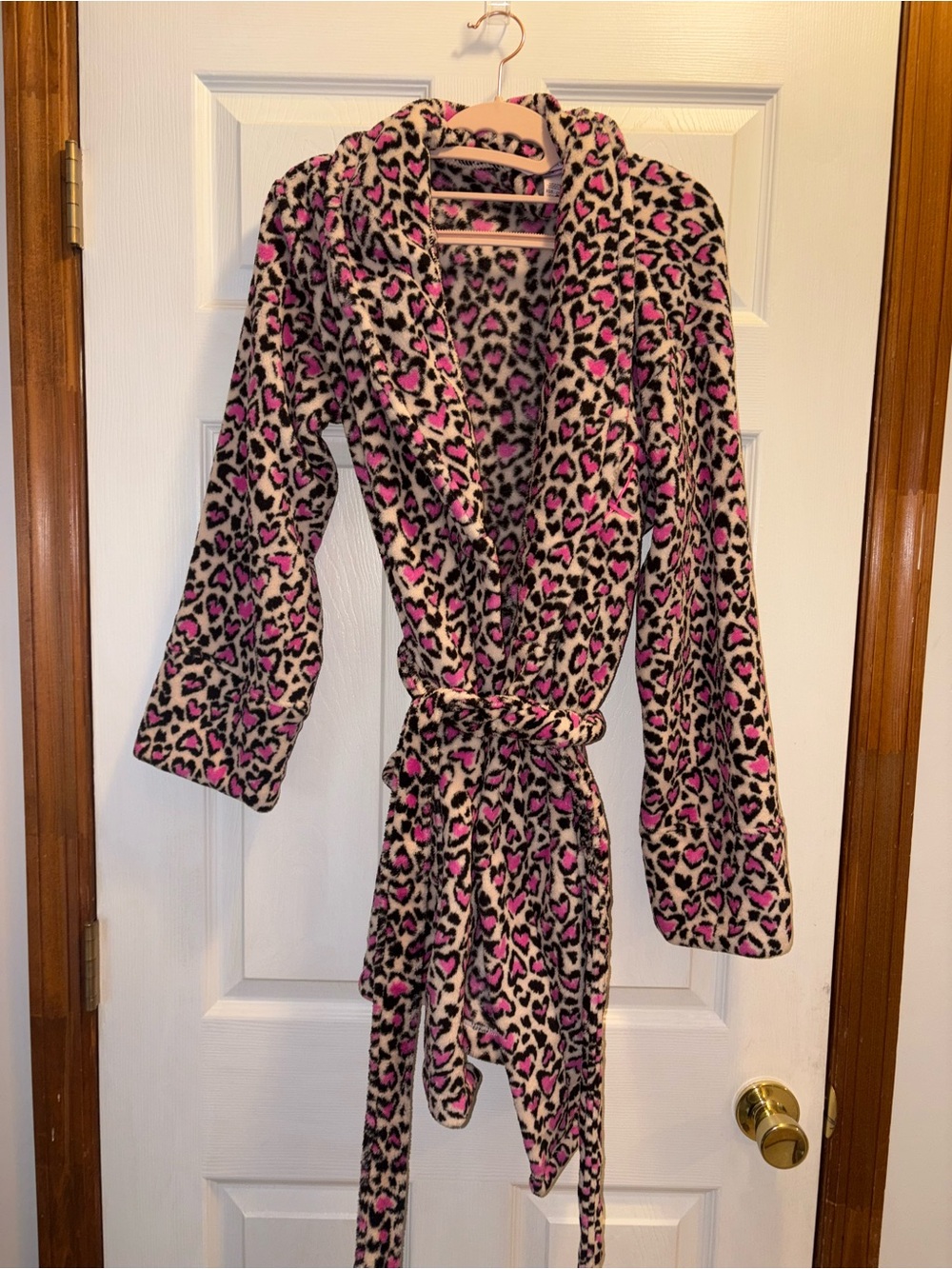 Victoria's Secret Cozy Plush‎ Bath Robe XS Leopard Print Pink Hearts Fleece VS